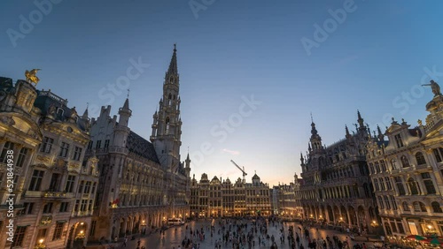 Brussels Belgium time lapse 4K, city skyline day to night sunset timelapse at Grand Place Square photo