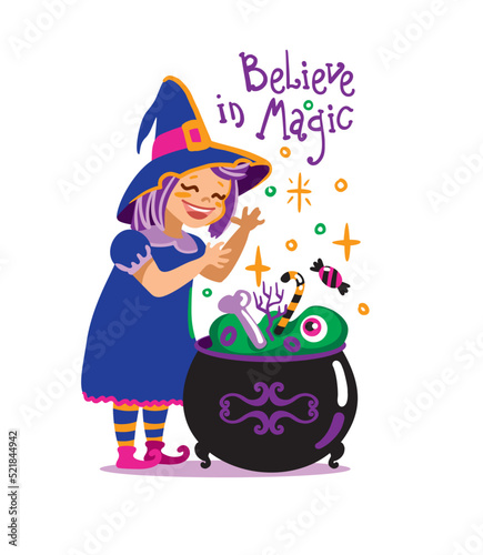 Cute little witch brew a potion in cauldron. Halloween kids party. Vector illustration.