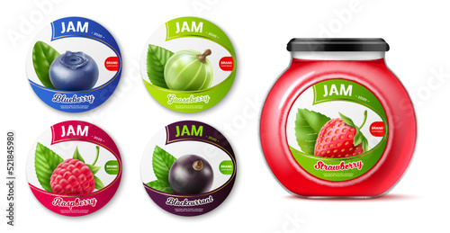 Realistic berry jam labels. Stickers on jars, sweet dessert product, organic food, raspberry and blueberry, currant and gooseberry, package design 3d isolated elements mockup utter vector set
