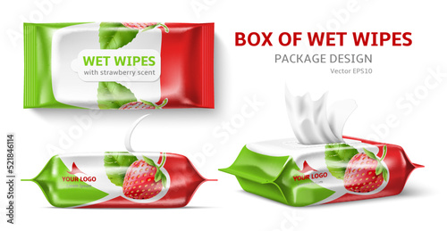 Realistic wet wipes design. Cleansing cosmetic wipes, antibacterial impregnation, family packaging different angles view, strawberry smell, advertising 3d elements, utter vector concept