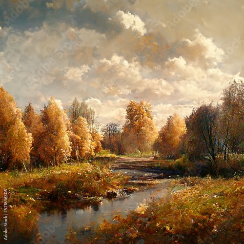 Autumn landscape with bright autumn trees, idyllic and peaceful amazing nature scenery. Digital art.