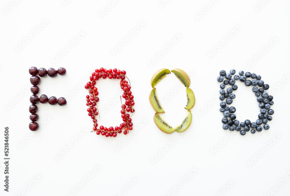 Word food on white background of different fruits for each letter.Concept for restaurants, posters, banners