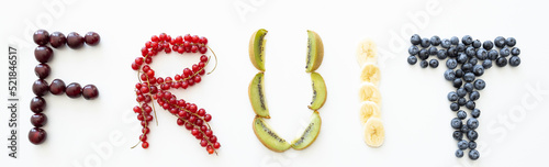 Word fruit on white background of different fruits for each letter.Concept for restaurants, posters, banners