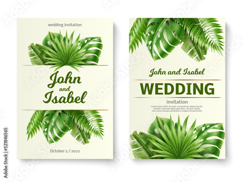 Tropical leaves wedding invitations. Gentle romantic cards with realistic exotic palm foliage, 3d banana and monstera green plants decoration, summer nature background, utter vector concept