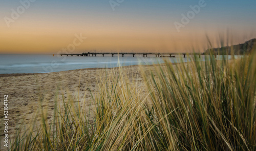 Pier on the German Baltic Sea coast on the island of R  gen with reeds in the foreground