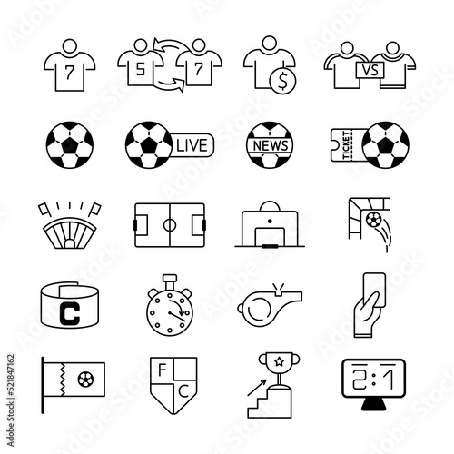 Soccer line icon set. Included the icons as ball, player, live, whistle, stadium and more. Football symbols collection, logo illustrations, vector sketches sport game signs, football championship.