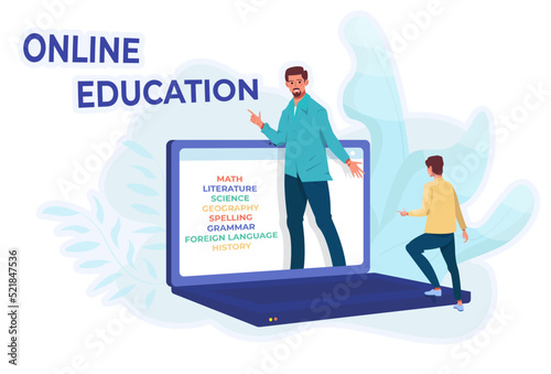 Online education concept. Giant laptop with a list of school subjects. Boy is entering online school. Teacher and pupil, student. Online tutor.