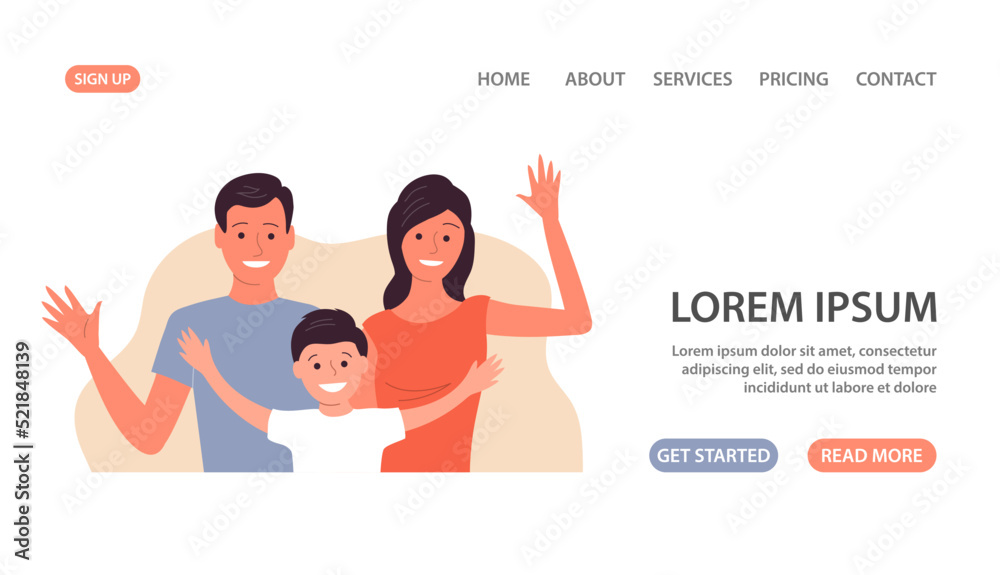 Happy family couple with a child. Father, mother and little son. Welcome gesture. Design template for banner, website. Flat vector illustration isolated on white background Happy family couple with a child. Father, mother and little son. Welcome gesture. Design template for banner, website. Flat vector illustration isolated on white background