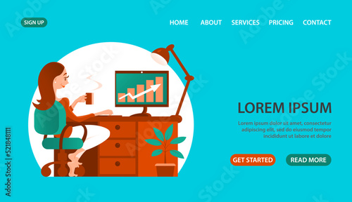 A young woman works remote at home online. Sitting at a table with a computer. Remote worker digital. Design template for banner, website. Cartoon vector illustration