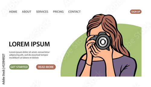 Girl photographer with a camera. Looks into the lens. Photo studio lesson. Photography course. Design template for banner, website. Vector art illustration on a white background