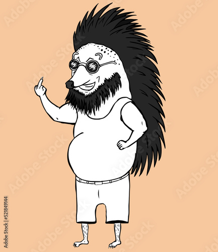 Smiling angry hedgehog with a mohawk, sunglasses and beard in a undershirt and pants, showing an indecent gesture. Black and white vector illustration.