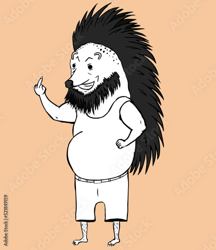 Smiling angry hedgehog with a mohawk and beard in a undershirt and shorts, showing an indecent gesture