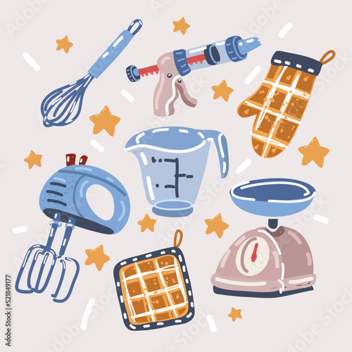 Vector illustration of Kitchen pastry tools set. Baking tools whisk for whipping, pastry syringe, oven mitt, mixer, measuring cup, kitchen scales over dark background