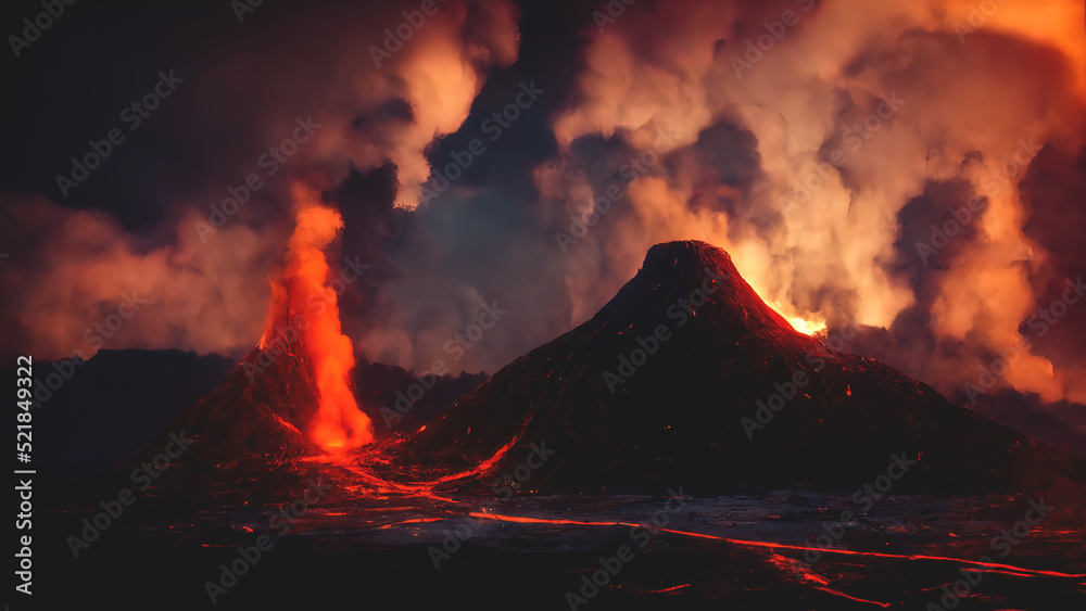 Night landscape with volcano and burning lava. Volcano eruption, fantasy landscape. 3D illustration. - obrazy, fototapety, plakaty 