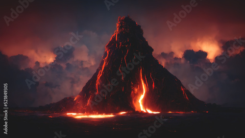 Night landscape with volcano and burning lava. Volcano eruption, fantasy landscape. 3D illustration. photo
