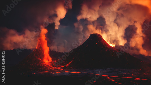 Night landscape with volcano and burning lava. Volcano eruption, fantasy landscape. 3D illustration.