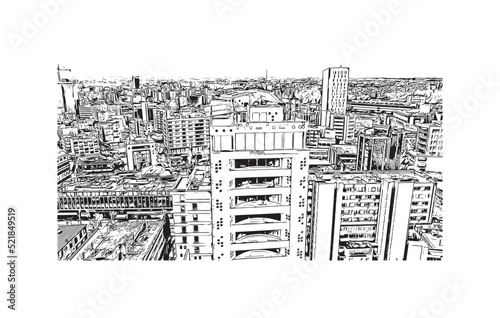 Building view with landmark of Nicosia is the capital of Cyprus. Hand drawn sketch illustration in vector.