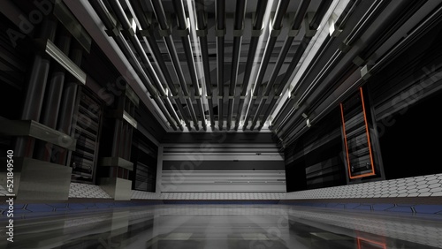 Fototapeta Naklejka Na Ścianę i Meble -  abstract background of Sci Fi gate tunnel industrial Futuristic Spaceship , 3D illustration rendering