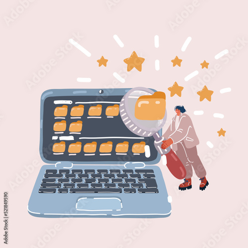 Vector illustration of Young businesswoman using laptop computer for seraching in folders on big laptop screen