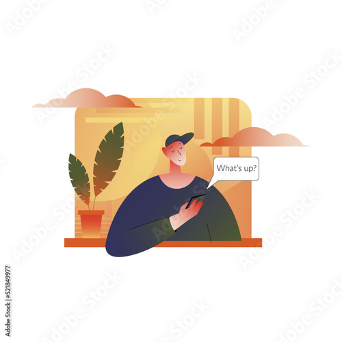 Man Character in Baseball Cap with Smartphone Looking Out of Window Sitting at Home Peeping Outside Vector Illustration. Male Peeking Out from Their Apartment