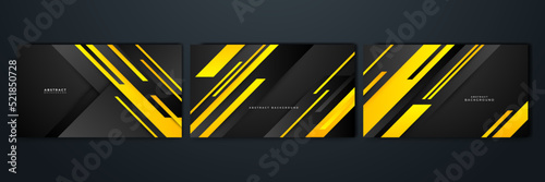 Black and yellow overlap background. Texture with dark metal pattern. Modern overlap dimension vector design. Futuristic perforated technology abstract background with yellow glowing lines