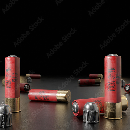 3d render illustration of a shotgun ammunition on black background
