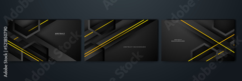 Black and yellow overlap background. Texture with dark metal pattern. Modern overlap dimension vector design. Futuristic perforated technology abstract background with yellow glowing lines