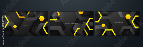Black and yellow overlap background. Texture with dark metal pattern. Modern overlap dimension vector design. Futuristic perforated technology abstract background with yellow glowing lines