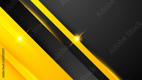Black and yellow overlap background. Texture with dark metal pattern. Modern overlap dimension vector design. Futuristic perforated technology abstract background with yellow glowing lines