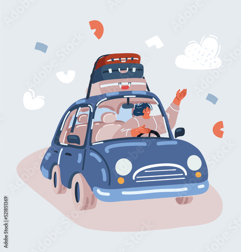 Vector illustration of Woman traveler sitting of car with mountain