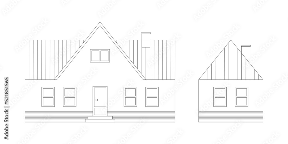 Classic detailed architectural house facade illustration. Black and white line drawing of a classical house facade.