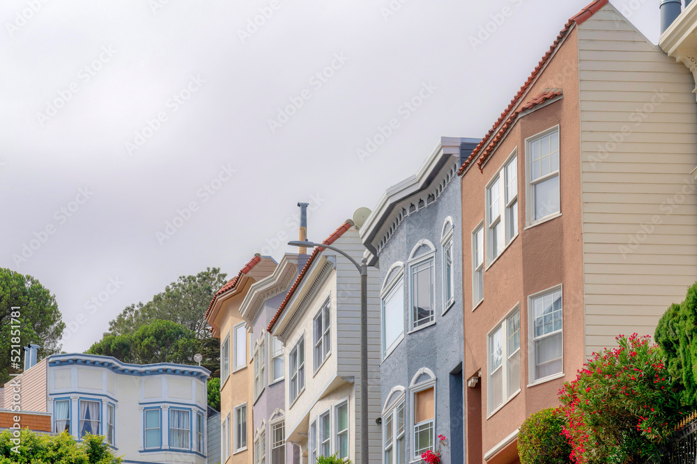 Row of suburban houses in a low angle view at San Francisco, California
