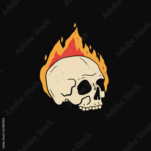 Hand drawn Skull on fire. Burning skull. Trendy isolated colorful Vector illustration. Cartoon, vintage style. Poster, tattoo idea, t-shirt print, sticker, logo design template