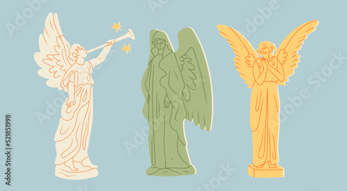 Set of three colorful Statues. Sculptures with wings. Antique statue with horn. Statues of angels. Hand drawn modern Vector illustration. Cartoon style. All elements are isolated