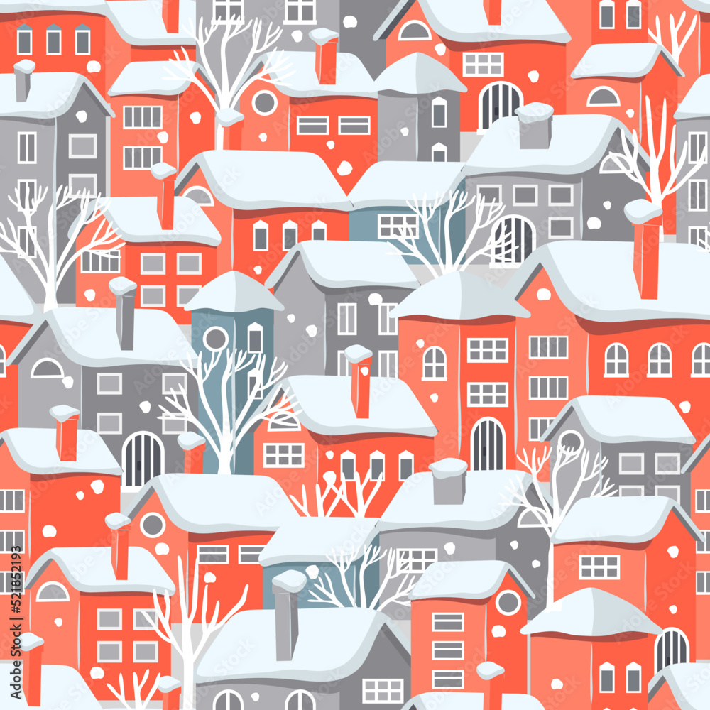 Winter seamless pattern with rural houses and trees.Endless cityscape with snowy rooftop.Red,grey,blue and white colors.Background and texture for printing on fabric and paper.Vector flat illustration