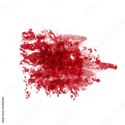 Abstract hand-drawn blurred textured layered blood red watercolor stain isolated on white background. Dry brush stamp. Freehand paintbrush stroke graphic design element. Messy spot with splashes.
