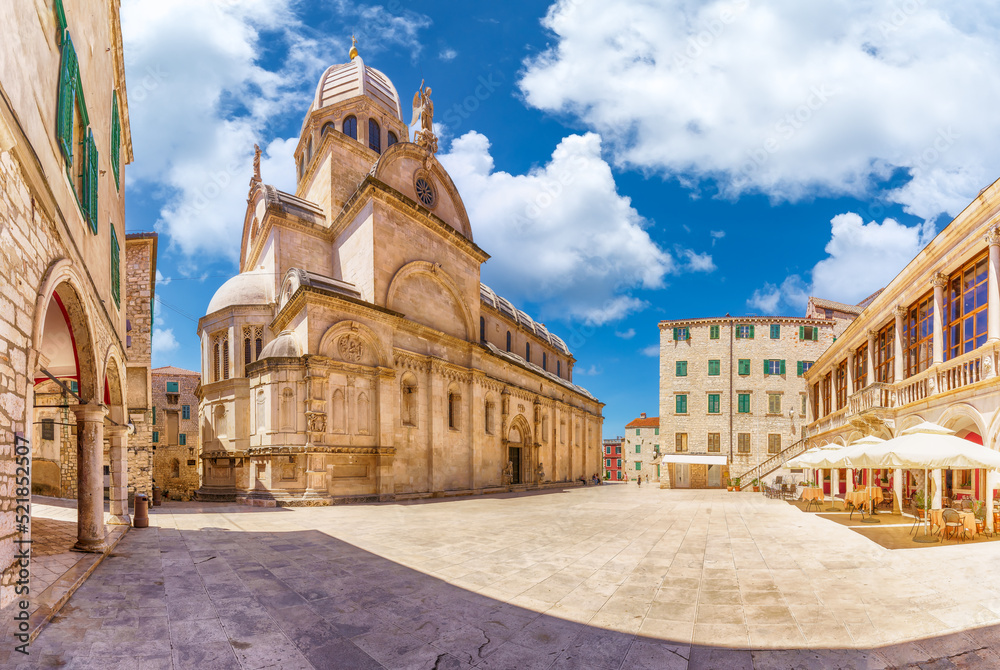 Sibenik old town with St James cathedral, dalmatian coast of Adriatic sea, Croatia