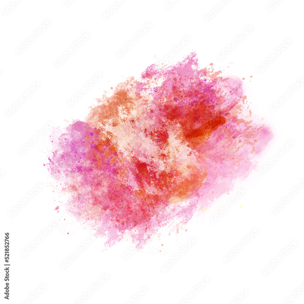 Abstract hand-drawn blurred textured orange, pink, red watercolor stain composition isolated on white background. Freehand paintbrush stroke graphic design element. Messy explosive acrylic paint spot.