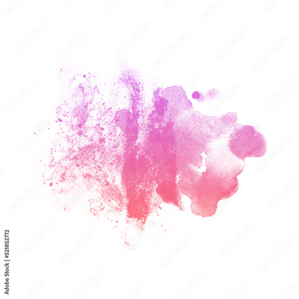 Abstract hand-drawn blurred textured pink to orange gradient watercolor stain composition isolated on white background. Freehand paintbrush stroke graphic design element. Messy tender pastel spot.