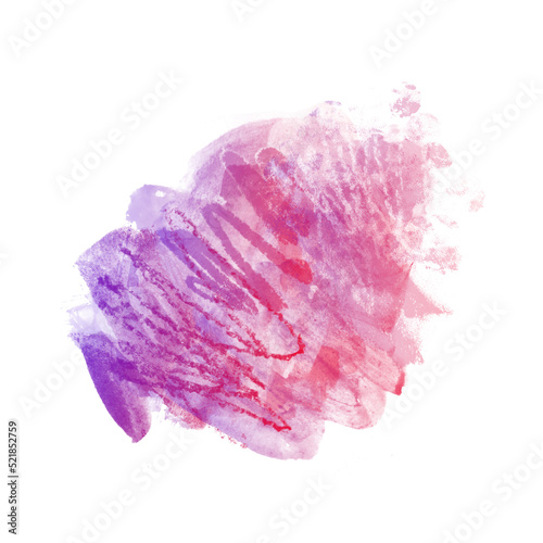 Abstract hand-drawn blurred textured layered purple to red gradient watercolor stain and colored pencil scribbles composition isolated on white background. Graphic design element. Messy cloudy spot.