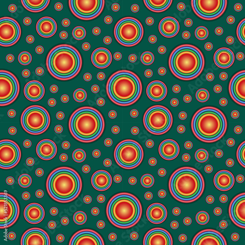 Seamless background pattern. Multicolored circles on a dark green background. Modern textile background, gift paper packaging, design concept. Vector illustration.