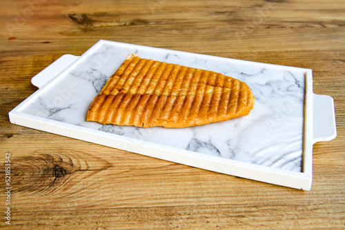 Turkish karisik atom  tost ( kasarli bazlama tost) . Flat baked bread toasted photo