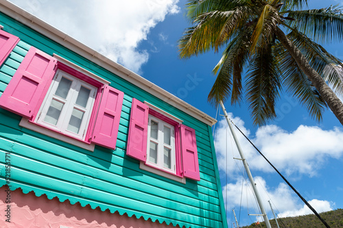 Bright colorful traditional Caribbean vernacular architecture of Tortola, British Virgin Islands 