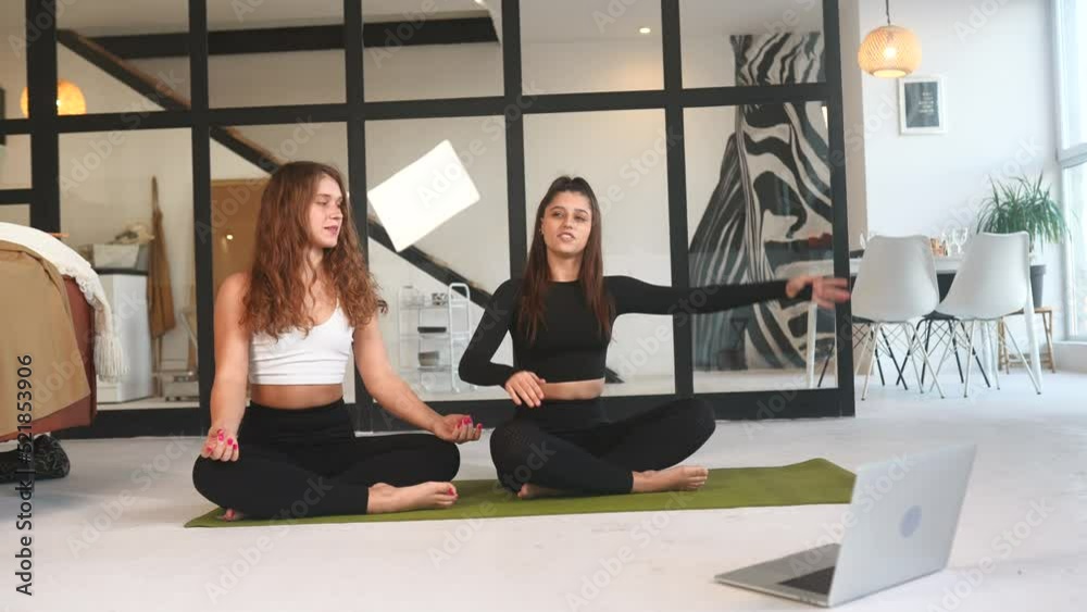Two charming sports women, do yoga poses, exercises at home Two charming sports women, do yoga poses, exercises at home