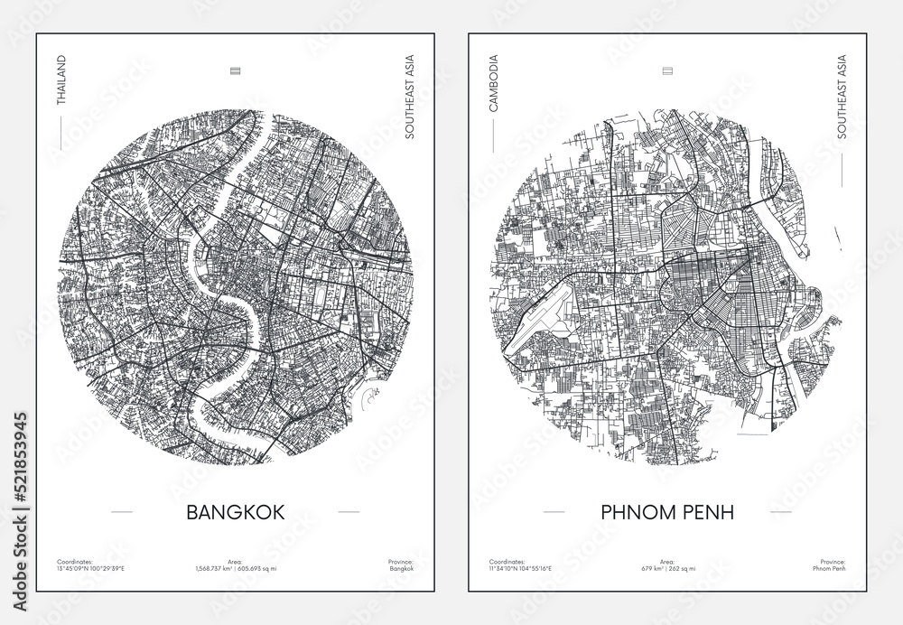 Obraz premium Travel poster, urban street plan city map Bangkok and Phnom Penh, vector illustration