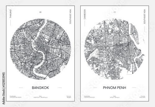 Travel poster, urban street plan city map Bangkok and Phnom Penh, vector illustration