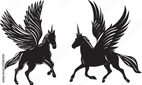 silhouette of a unicorn with wings on a white background isolated, vector