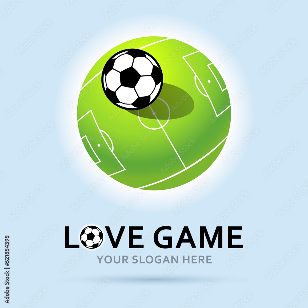 Obraz premium Football green planet in the sky background. Soccer stadium Logo. Love game. Vector illustration