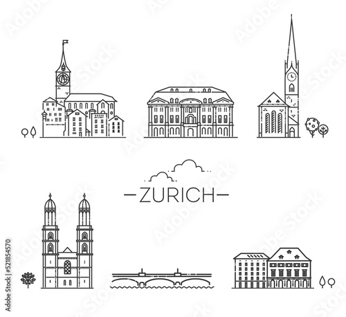 Zurich, Switzerland. Vector flat outline symbols