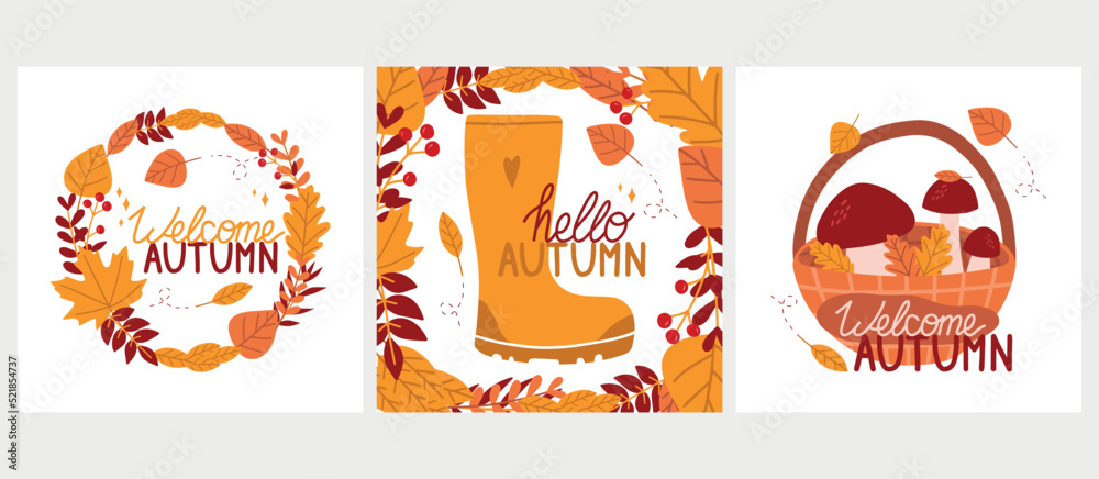 Autumn frame with leaves. Hello autumn card. Autumn boot. Illustration is for your card, poster, flyer.